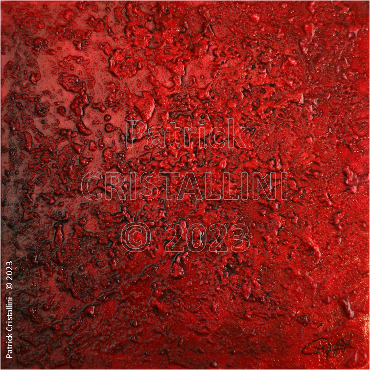 Peinture abstraite représentant une matière rouge incandescente et bouillonnante, œuvre abstraite expressive d’un artiste peintre abstrait avec textures riches et effet de fusion dynamique, tableau abstrait contemporain intense et immersif.