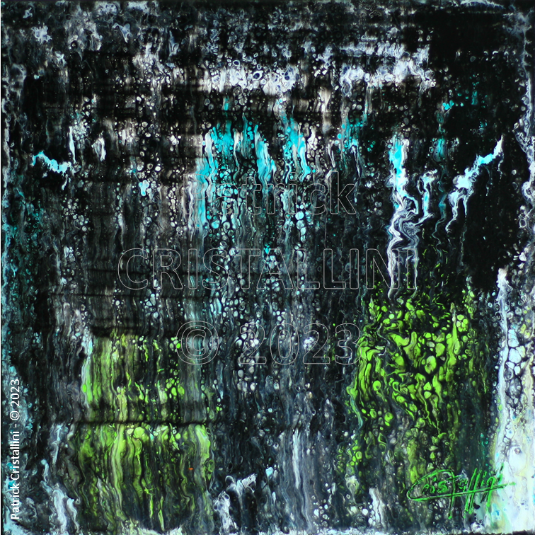 peinture abstraite liquide scintillant bulles environnement sombre contraste lumière contemporain