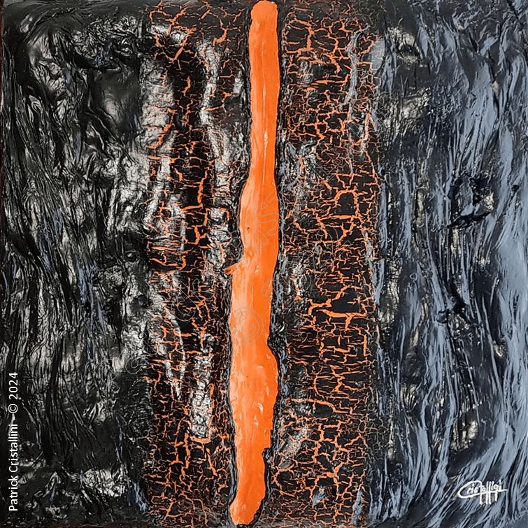 passage magma peinture abstraite noir orange matière épaisse